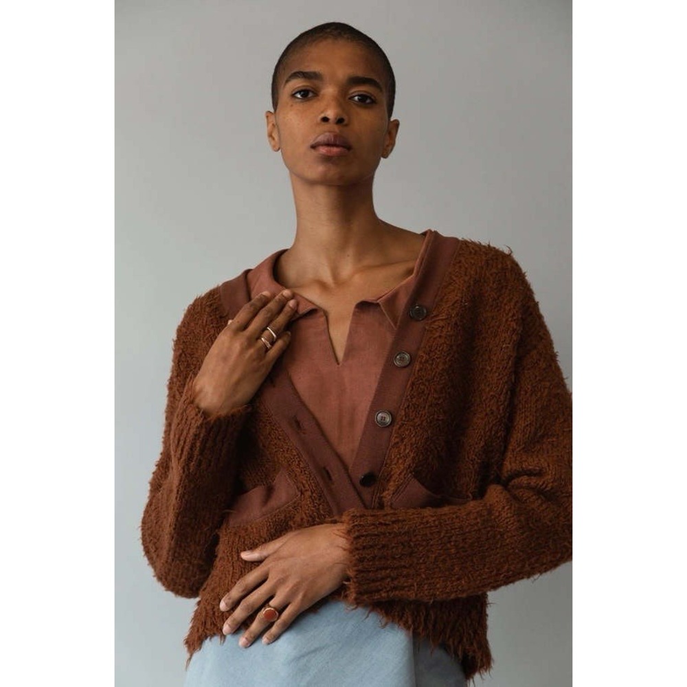 Caron Callahan Anny Shaggy Cardigan Sweater Soft Merino Wool Tobacco Brown Small